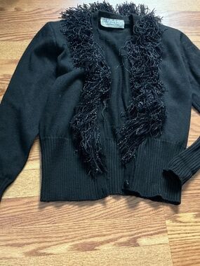 Vintage Leslie Needham Black Fringed Padded Shoulder Button Down Cardigan   L?
